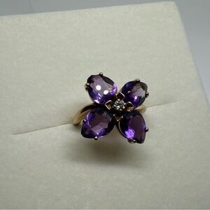 Read!! Vintage Amethyst Diamond Ring: 14K Yellow Gold Flower, Size 5.75, 5g